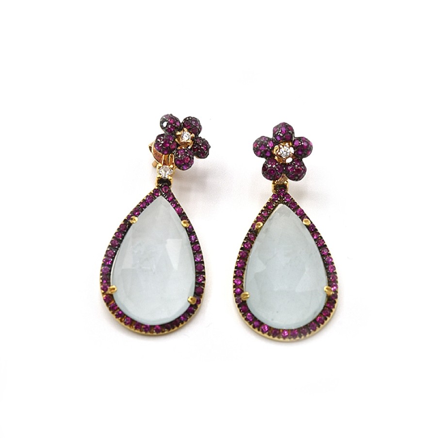 Joyas Jose Luis Joyero Pendientes Con Diamantes | Pendientes Oro 18 Kilates Con Diamantes, Aguamarinas Y Rubies