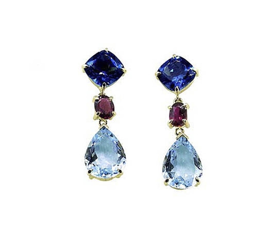 Joyas Jose Luis Joyero Pendientes De Oro Rosa | Pendientes Oro 18 Kilates Con Topacios Azules Y Granates