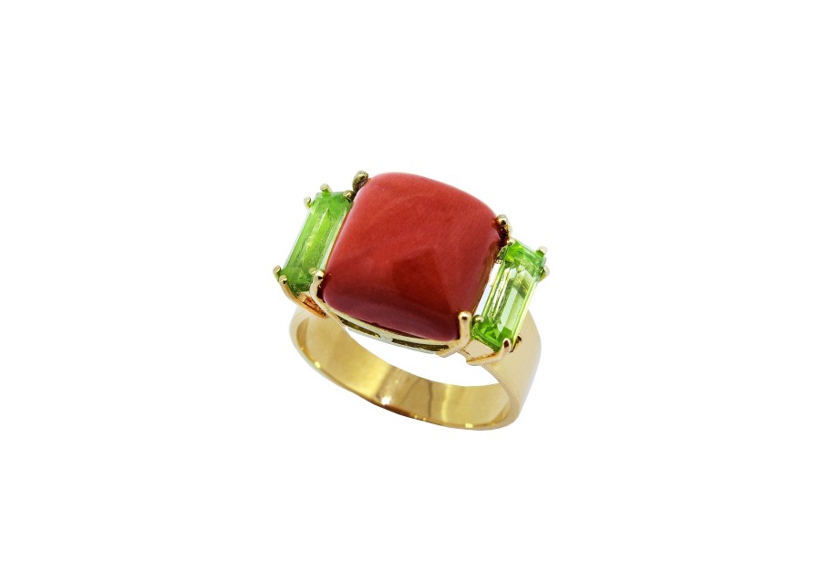 Joyas Jose Luis Joyero Anillo De Oro Amarillo | Anillo Oro 18 Kilates Con Coral Y Peridotos